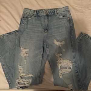 Garage Blue Straight Leg Jeans with Distressed Details